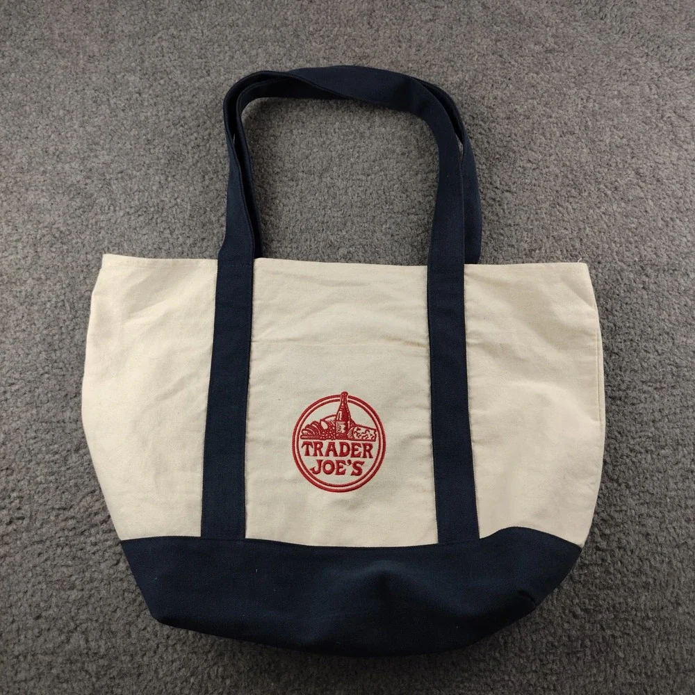 Trader Joe's Canvas Tote Bag Navy Blue Cream Embroidered Logo Reusable Grocery